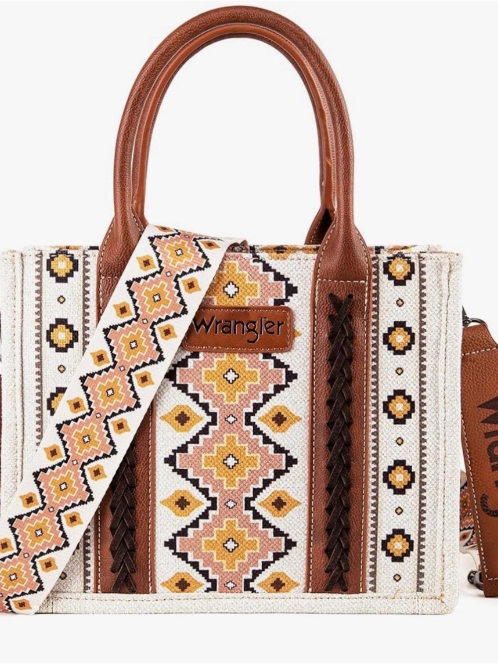 Wrangler Cream, Tan & Brown Embroidered Tote with Patterned Strap